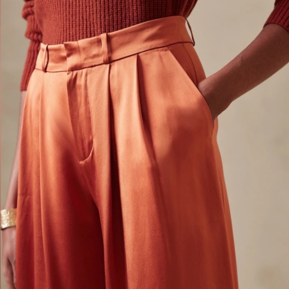 Banana Republic Satin High-Rise Pleated Wide-Leg Trousers — Rust Orange